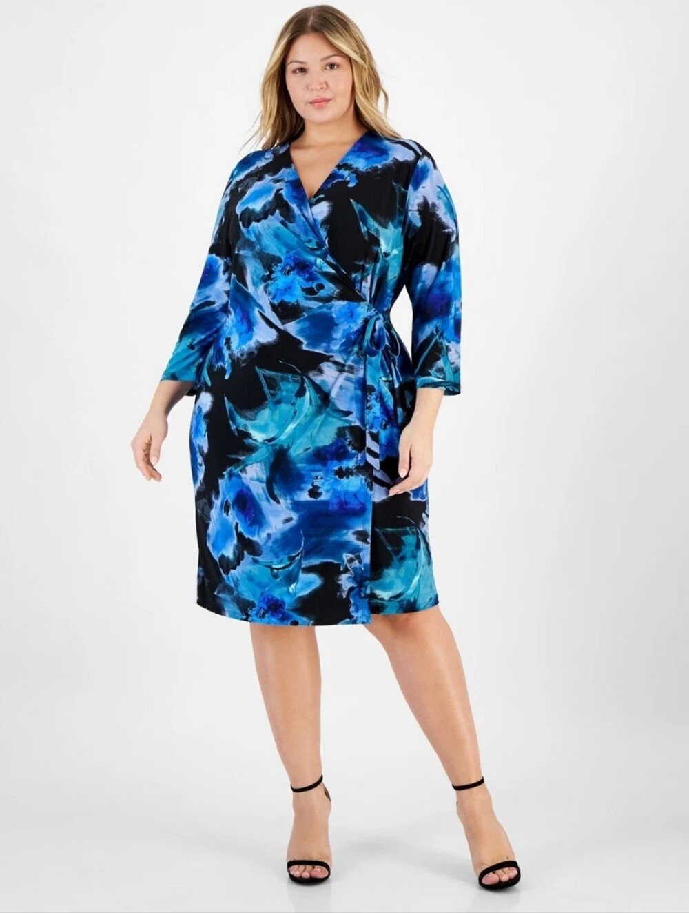 Anne Klein Plus Size Blue Watercolor Wrap Dress